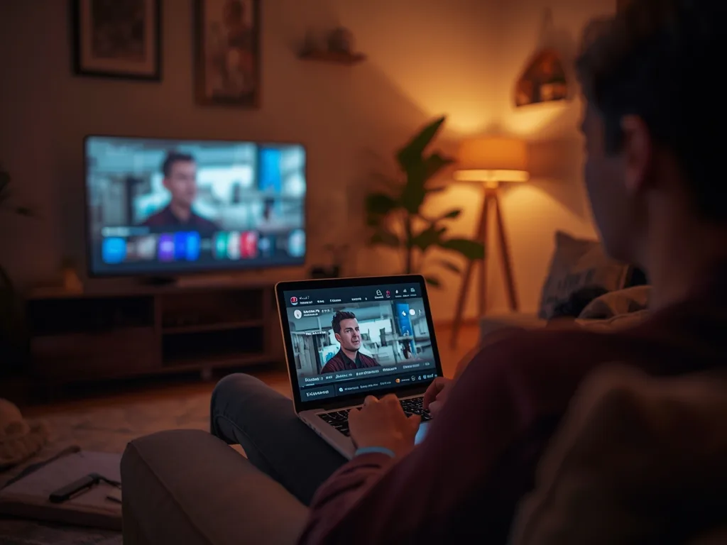 Person checking an IPTV streaming app on a laptop beside a TV in a Canadian living room