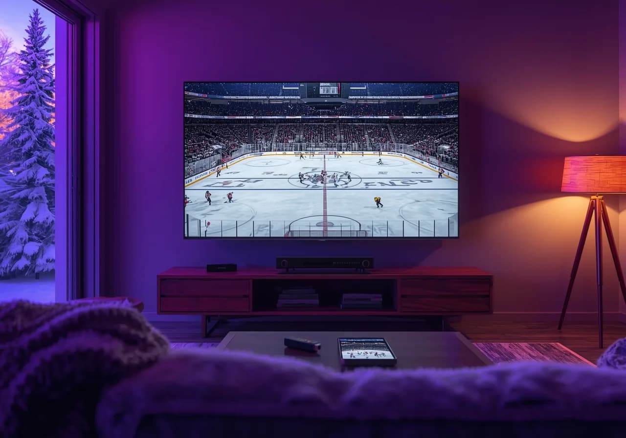 A hockey game on a wall-mounted TV in a purple-lit living room, with snow-covered trees outside the window and a phone showing the same game on the coffee table