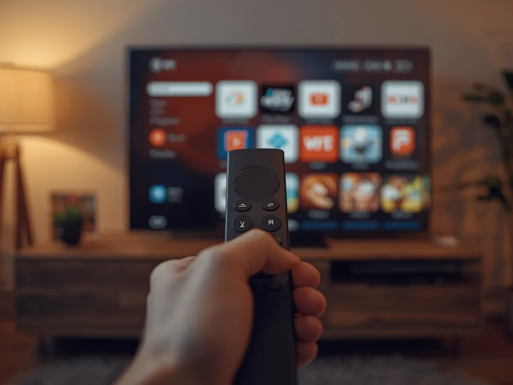 Streaming device remote control in hand with a TV app grid glowing in the background
